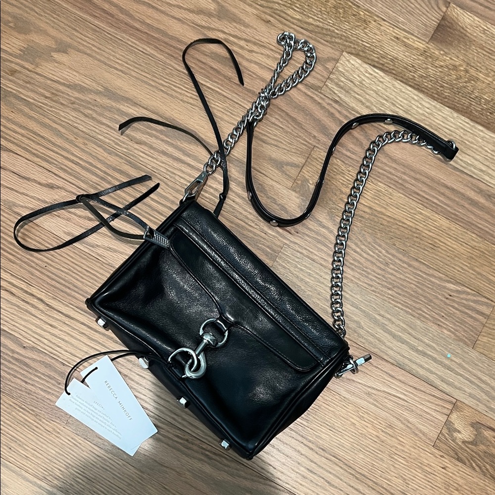 Rebecca Minkoff Mini Mac Black Leather Chain-Accent Crossbody Shoulder Bag